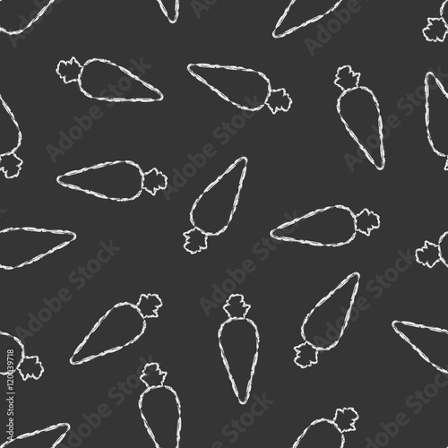 Vector seamless pattern hand drawn brush line chalk white carrot with short tail on black background