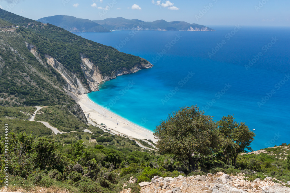 Amazing seascape with Blue water of beautiful Myrtos beach, Kefalonia, Ionian islands, Greece