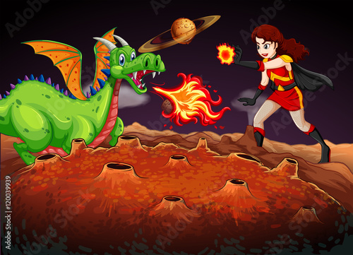 Superhero fighting dragon on red planet