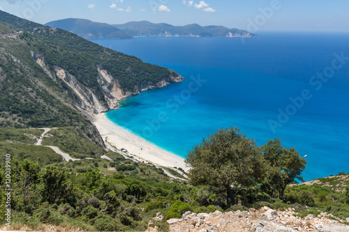 Amazing seascape with Blue water of beautiful Myrtos beach, Kefalonia, Ionian islands, Greece