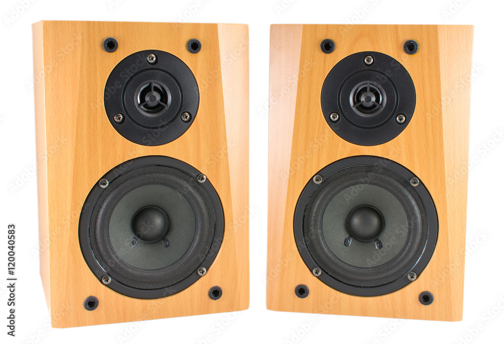 Wooden stereo speakers on white Wooden stereo speakers on white