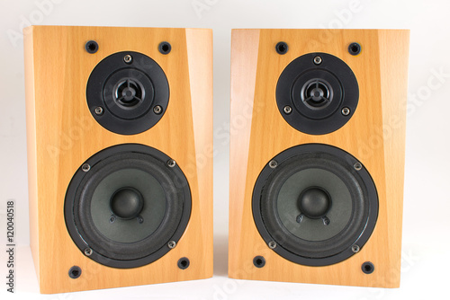 Wooden stereo speakers on white