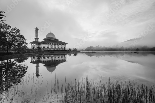Reflection of a beautiful mosque in black and white.