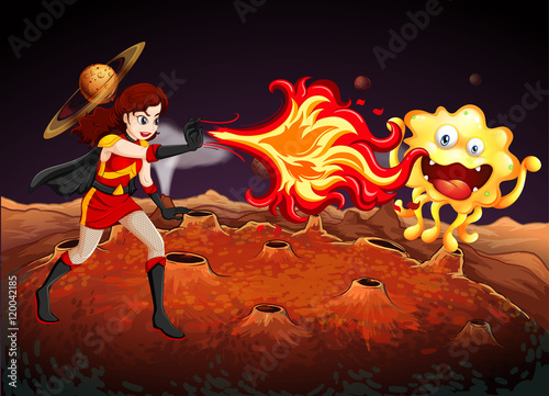 Superhero fighting alien on planet