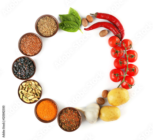 Vegetables and spices on white background
