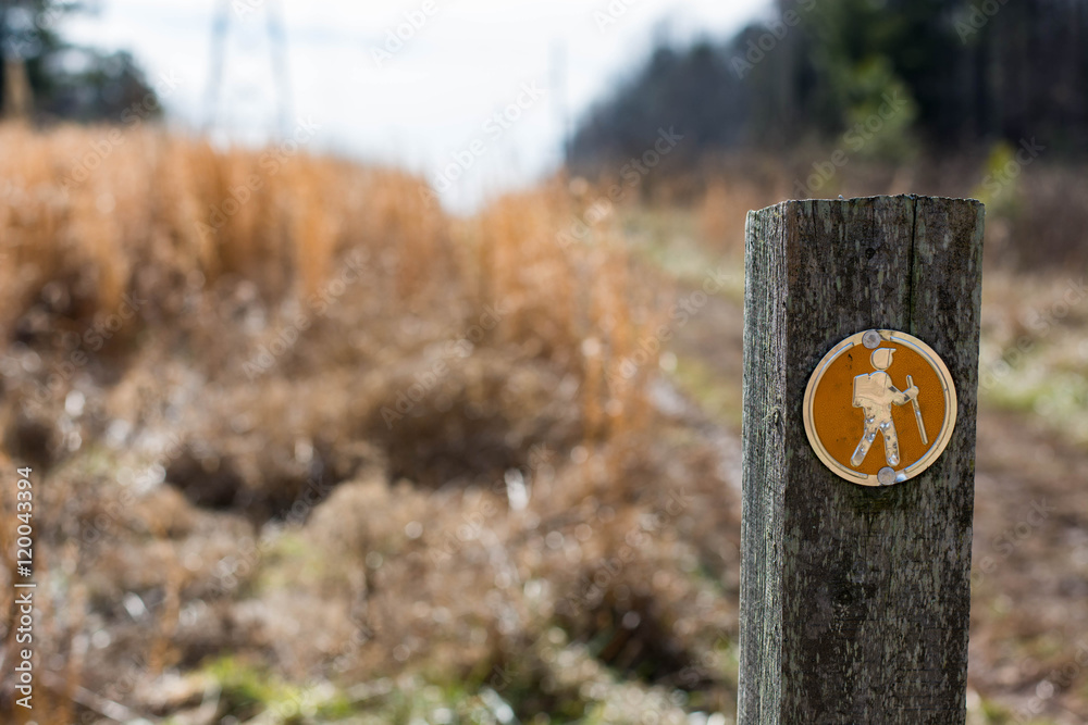 Trail marker along side a path in North Carolina. Hiking symbol upon a wooden post.