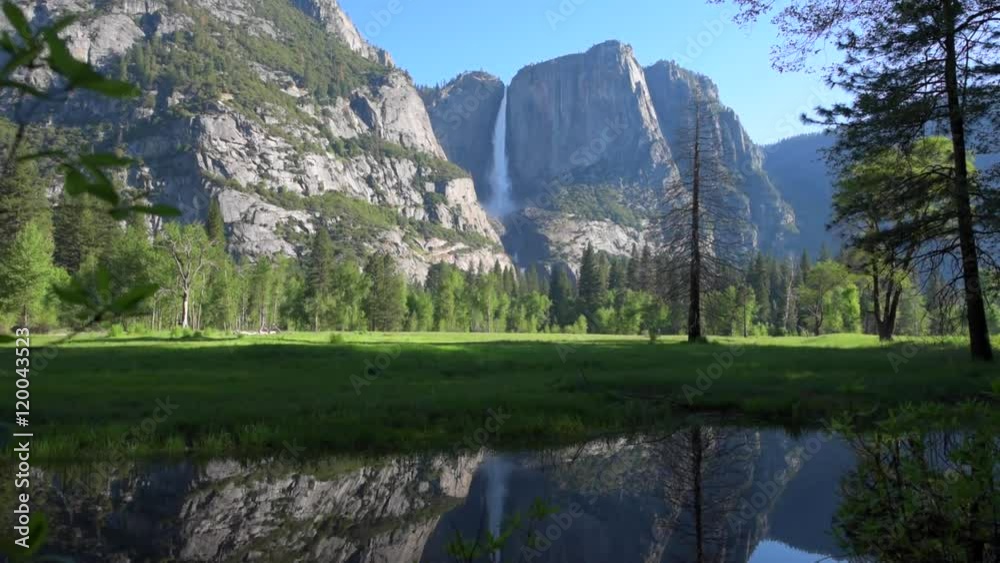 Yosemite Falls reflection in Merced River at Sunrise National Park, California