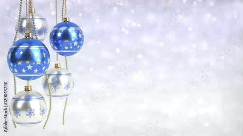 blue and silver christmas balls hanging on bokeh background. Seamless loop. 3D render