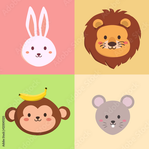 Set of Cute Animal Head rabbit  lion  monkey and mouse vector illustration