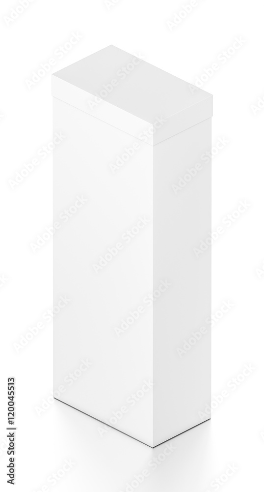 White tall vertical rectangle blank box with cover from isometric angle. White tall vertical rectangle blank box with cover from isometric angle.