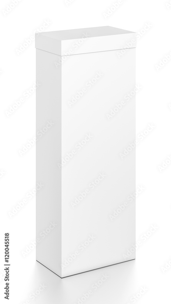 White tall vertical rectangle blank box with cover from top front side angle. White tall vertical rectangle blank box with cover from top front side angle.
