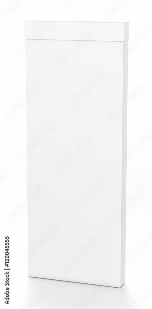 White tall thin vertical rectangle blank box with cover from top front far side angle. White tall thin vertical rectangle blank box with cover from top front far side angle.