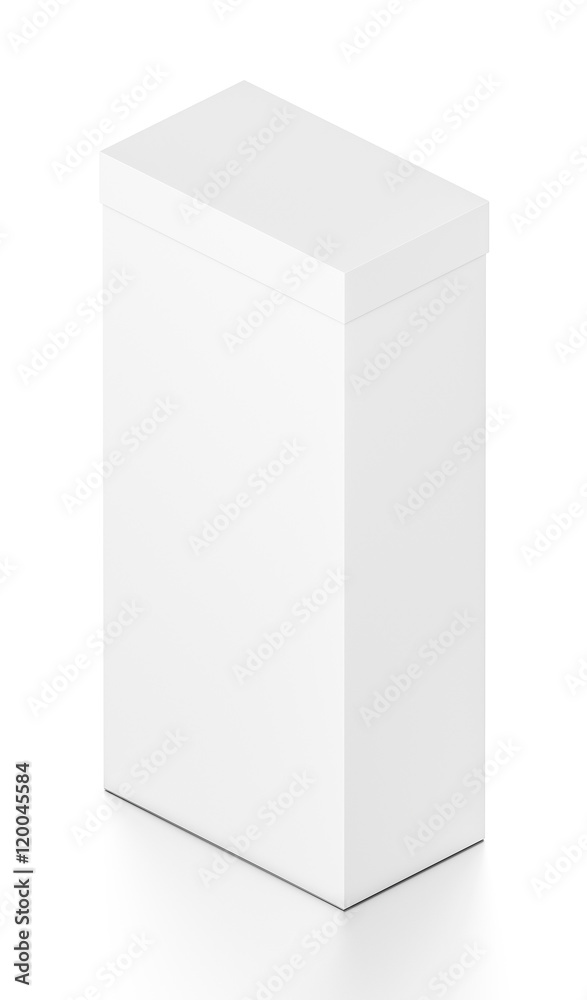 White tall vertical rectangle blank box with cover from isometric angle. White tall vertical rectangle blank box with cover from isometric angle.