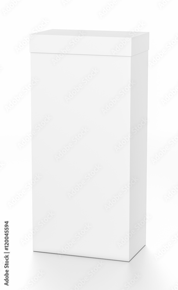 White tall vertical rectangle blank box with cover from top front far side angle. White tall vertical rectangle blank box with cover from top front far side angle.
