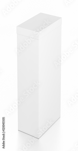 White tall vertical rectangle blank box with cover from top far side angle.