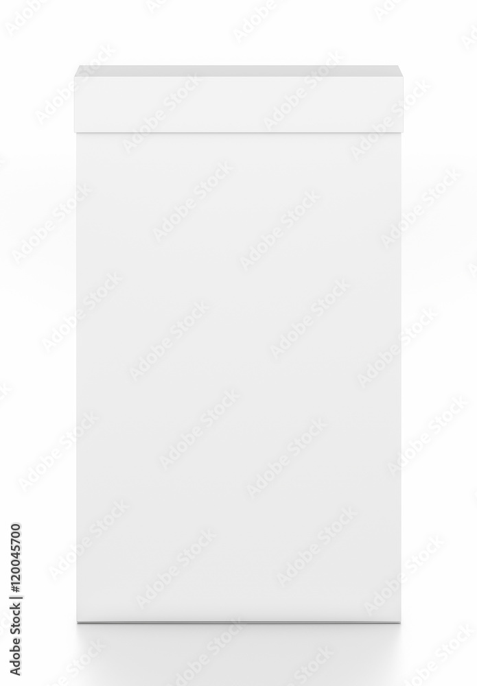 White tall thin vertical rectangle blank box with cover from top front angle.
