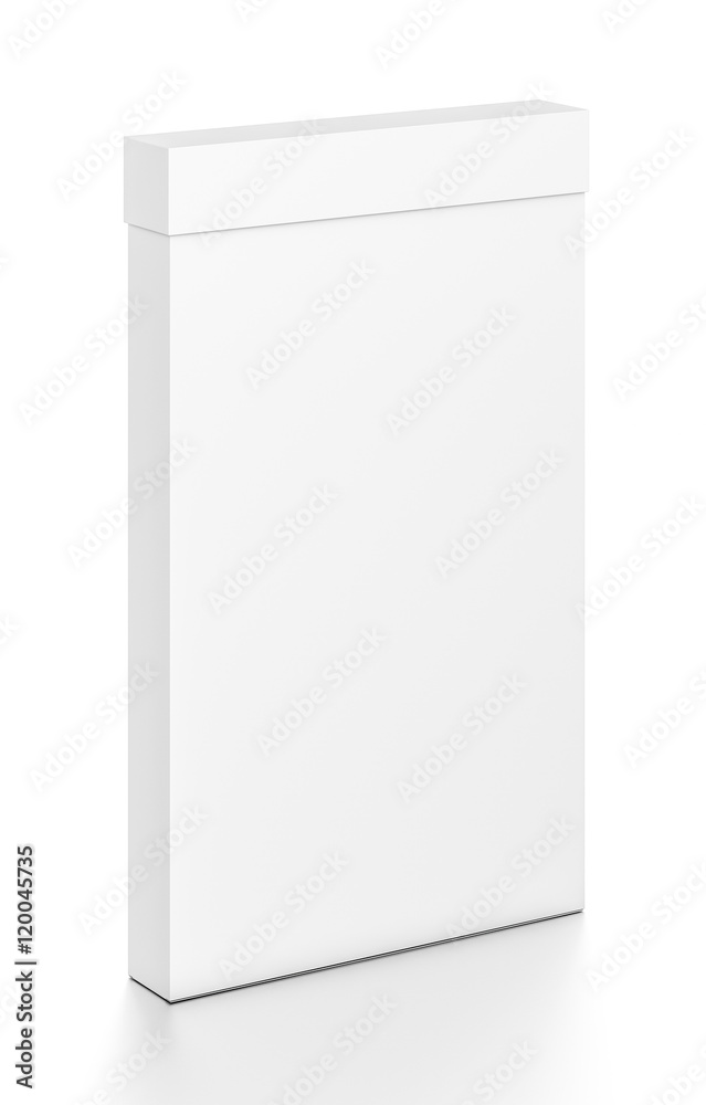 White tall thin vertical rectangle blank box with cover from top front side angle. White tall thin vertical rectangle blank box with cover from top front side angle.