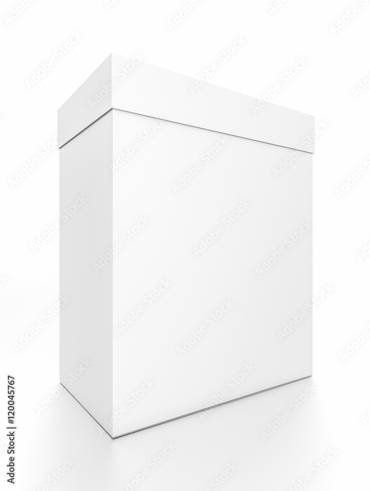 White vertical rectangle blank box with cover from front side angle. White vertical rectangle blank box with cover from front side angle.