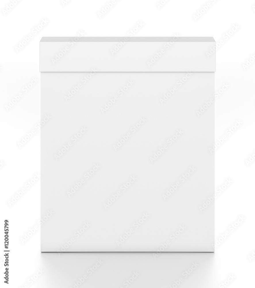 White thin vertical rectangle blank box with cover from top front angle. White thin vertical rectangle blank box with cover from top front angle.
