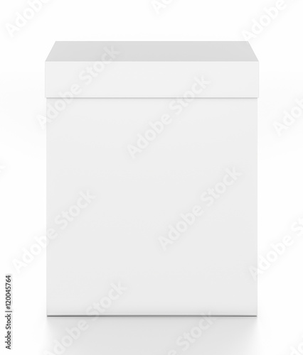 White vertical rectangle blank box with cover from top front angle.