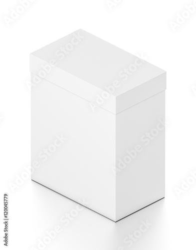 White vertical rectangle blank box with cover from isometric angle.