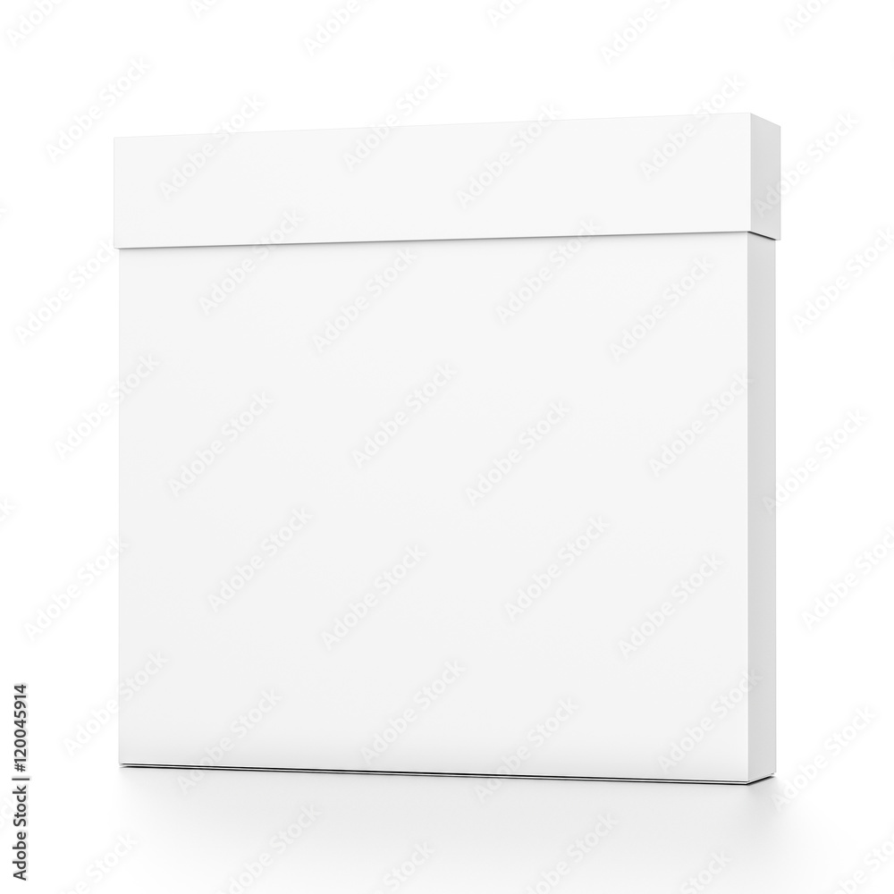 White thin rectangle blank box with cover from front far side angle. White thin rectangle blank box with cover from front far side angle.