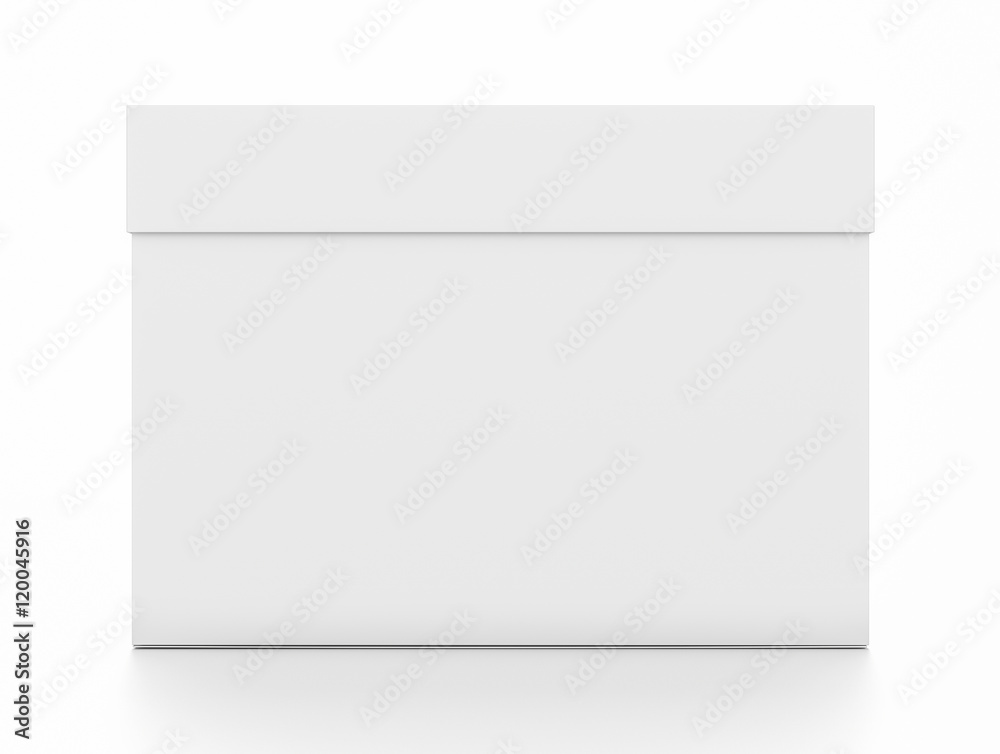 White horizontal rectangle blank box with cover from front angle. White horizontal rectangle blank box with cover from front angle.
