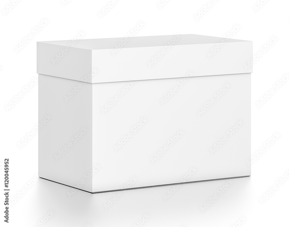 Fototapeta premium White horizontal rectangle blank box with cover from top front side angle.