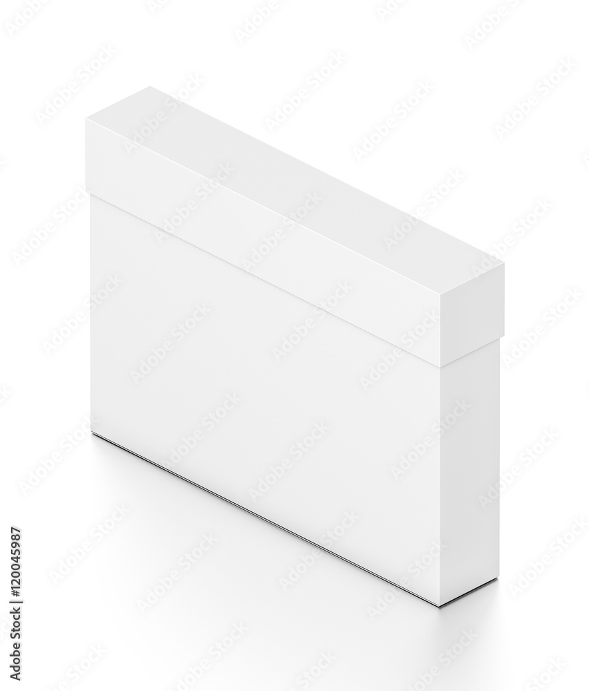 White thin horizontal rectangle blank box with cover from isometric angle. White thin horizontal rectangle blank box with cover from isometric angle.