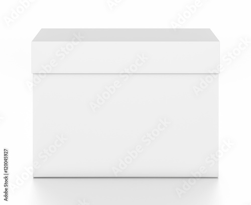 White horizontal rectangle blank box with cover from top front angle.