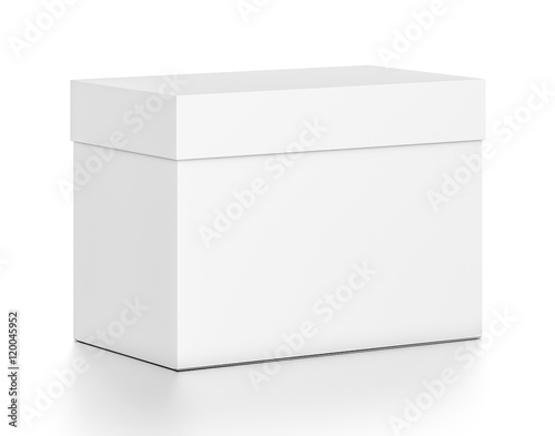 White horizontal rectangle blank box with cover from top front side angle.