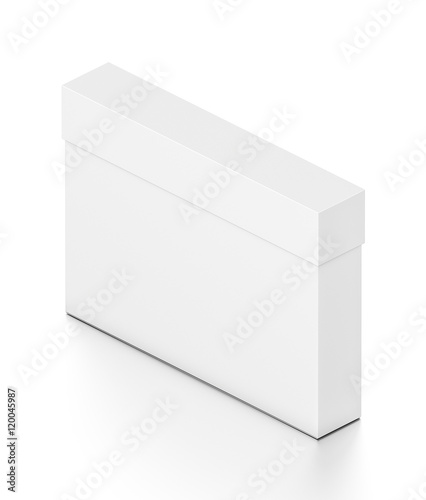 White thin horizontal rectangle blank box with cover from isometric angle.