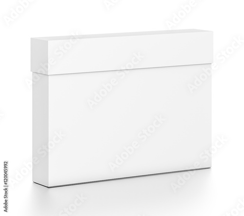 White thin horizontal rectangle blank box with cover from top front side angle.