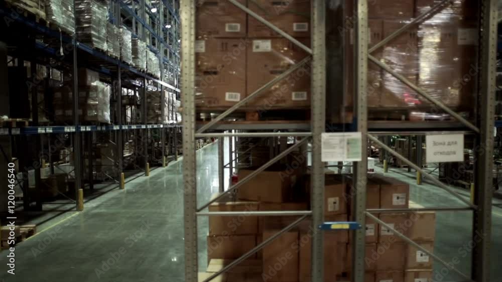 Camera moving before palettes with ordered goods and materials at warehouse Camera moving before palettes with ordered goods and materials at warehouse
