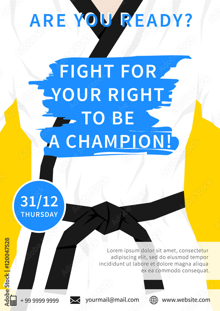 Vector karate competition flyer template with slogan Fight Your Right To Be A Champion. Sport event (martial arts, fight, wrestling) advertising illustration. Stock Vector | Stock