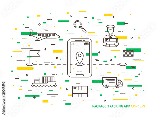 Vector package tracking linear illustration. Parcel tracking (package, global, mobile, app, delivery, box, shipment, online, service) creative concept. Business logistic technology graphic design.