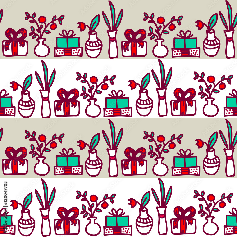 Seamless border with flowers, gift box, vases. Christmas or New Year greeting card. Merry Christmas and Happy New Year Seamless border with flowers, gift box, vases. Christmas or New Year greeting card. Merry Christmas and Happy New Year