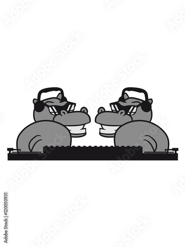 2 friends duo team group dj party dance club music deejay hang mischpult plate sunglasses fun headphones hippo hippopotamus cool celebrate discounted photo