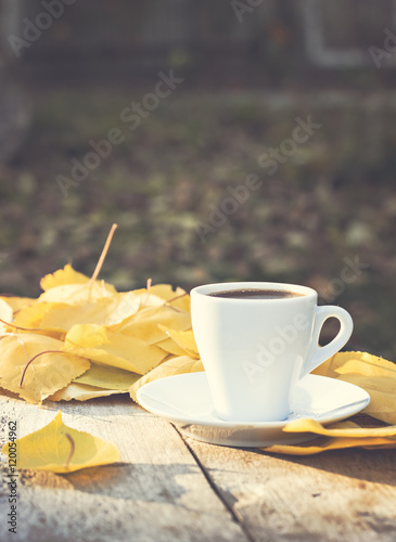 cup of espresso coffee on an autumn nature on the old wooden table with a yellow listh photo