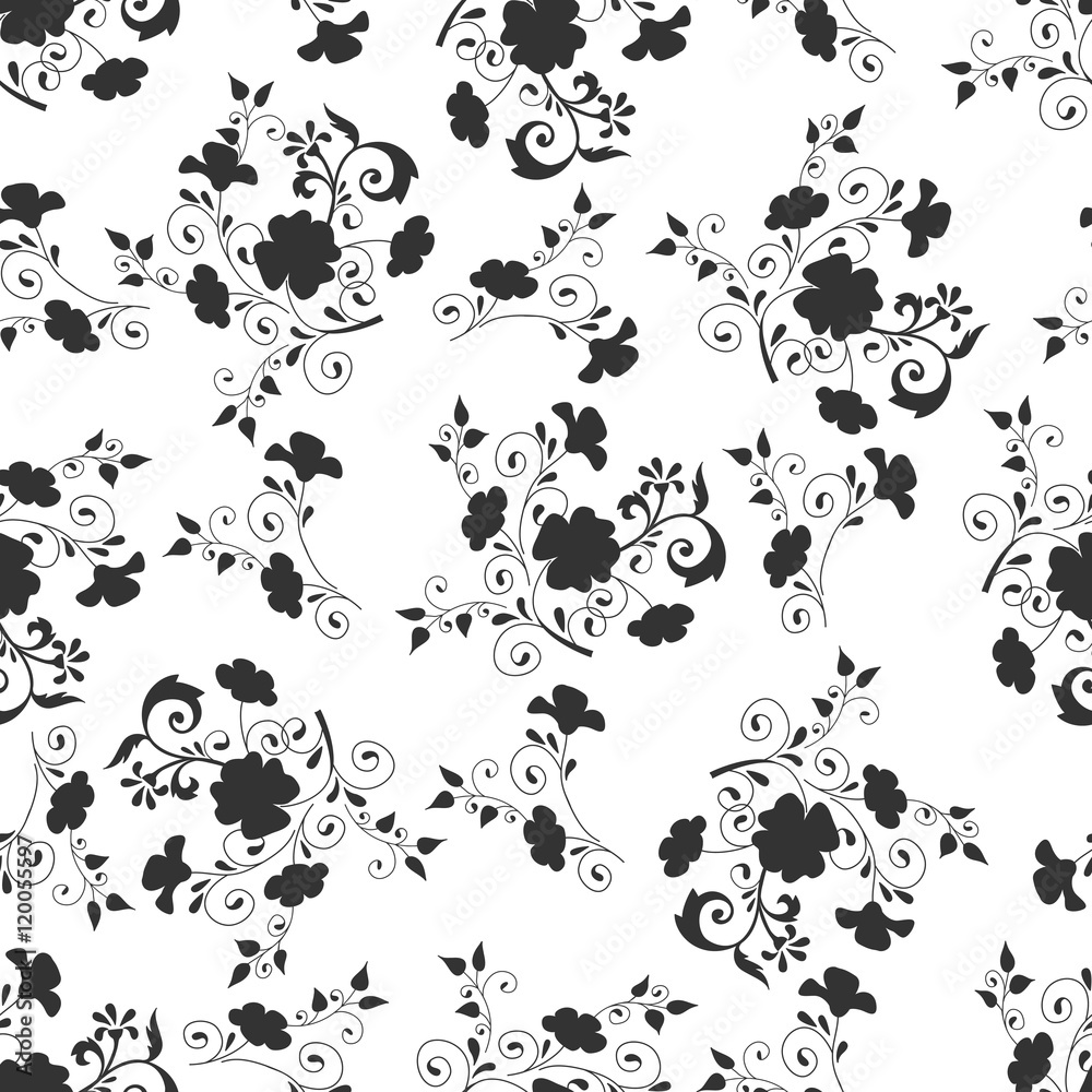Seamless  pattern with hand drawn silhouettes doodle flower and leaf. Textile, backdrop, cover, wrapper.