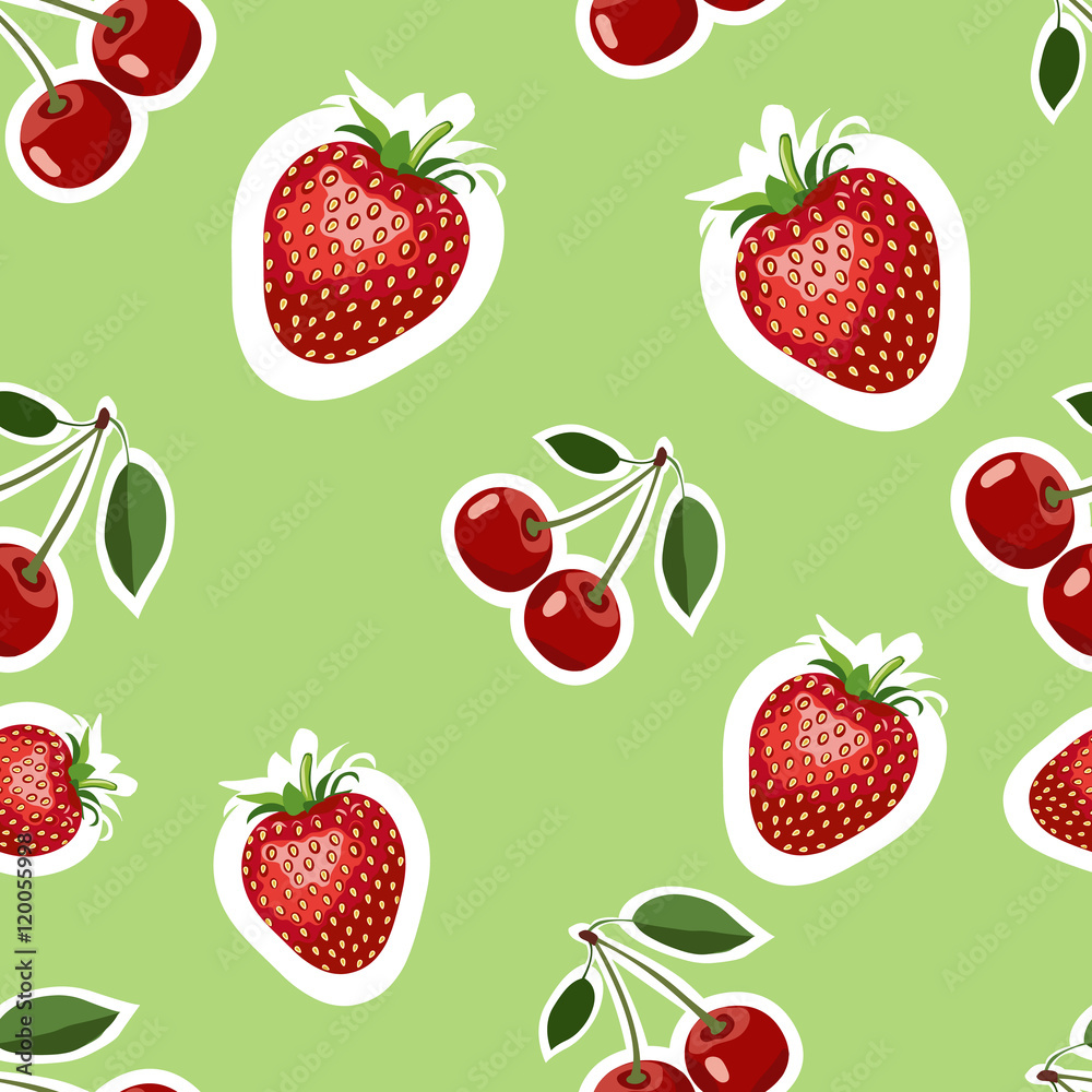 Pattern of realistic image of delicious strawberries and cherry different sizes. Lime background Pattern of realistic image of delicious strawberries and cherry different sizes. Lime background
