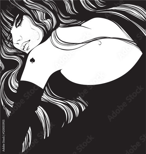 Beautiful woman in a black dress with long black hair.