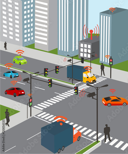 Wireless network of vehicle.Communication that connects cars to devices on the road. Smart Car, Traffic and wireless network, Intelligent Transport Systems