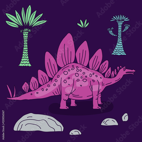 Vector hand drawn illustration with cute cartoon doodle dinosaur.