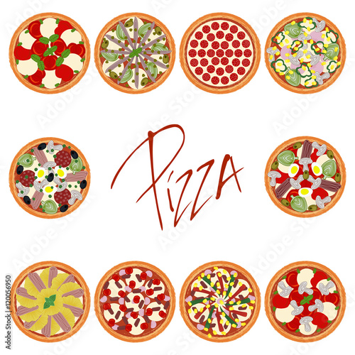 Set with different types of pizzas with various ingredients on white background with handwritten caption. Vector illustration eps