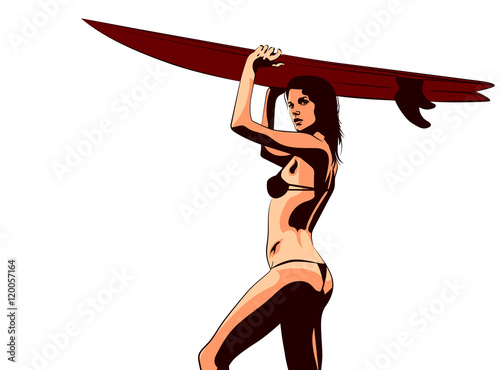 Surf board and young pretty woman bikini