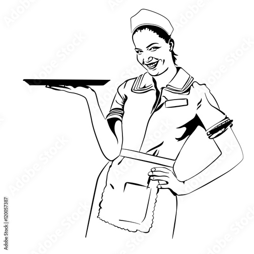 Vector image retro diner waitress halftone dots background
