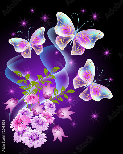 Fototapeta Transparent butterflies with flowers and stars