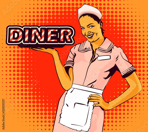Vector image retro diner waitress halftone dots background