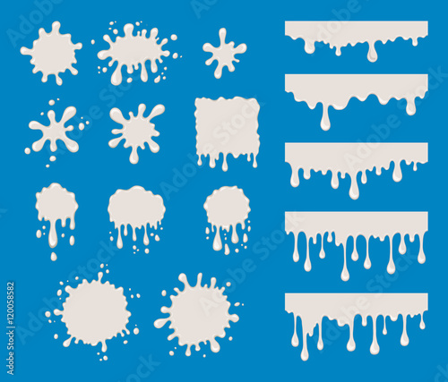 Set of milk drops. Vector shapes. Collection of splashes liquid, white stains and blots. Abstract milky spots isolated on blue background.